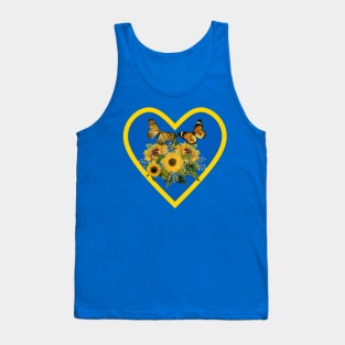 Golden Sunflowers and Butterflies in Sapphire Blue and Yellow Heart Tank Top